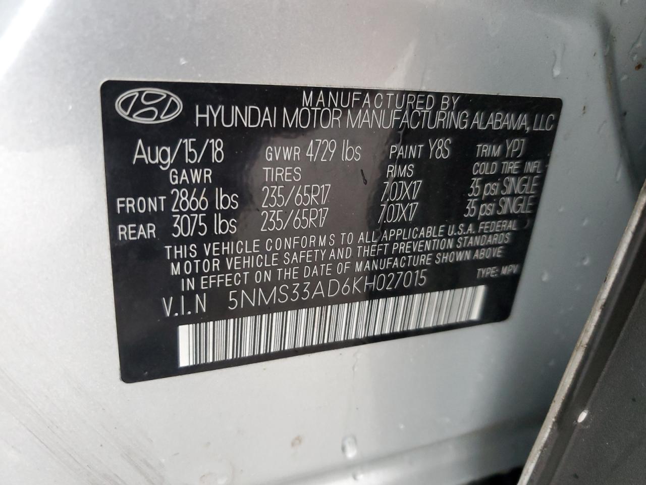 5NMS33AD6KH027015 2019 Hyundai Santa Fe Sel