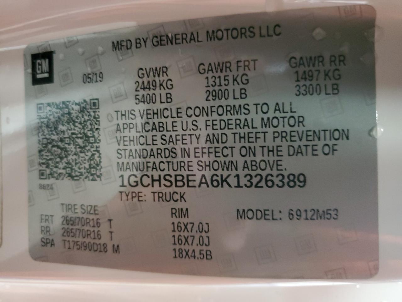 1GCHSBEA6K1326389 CHEVROLET COLORADO 2019