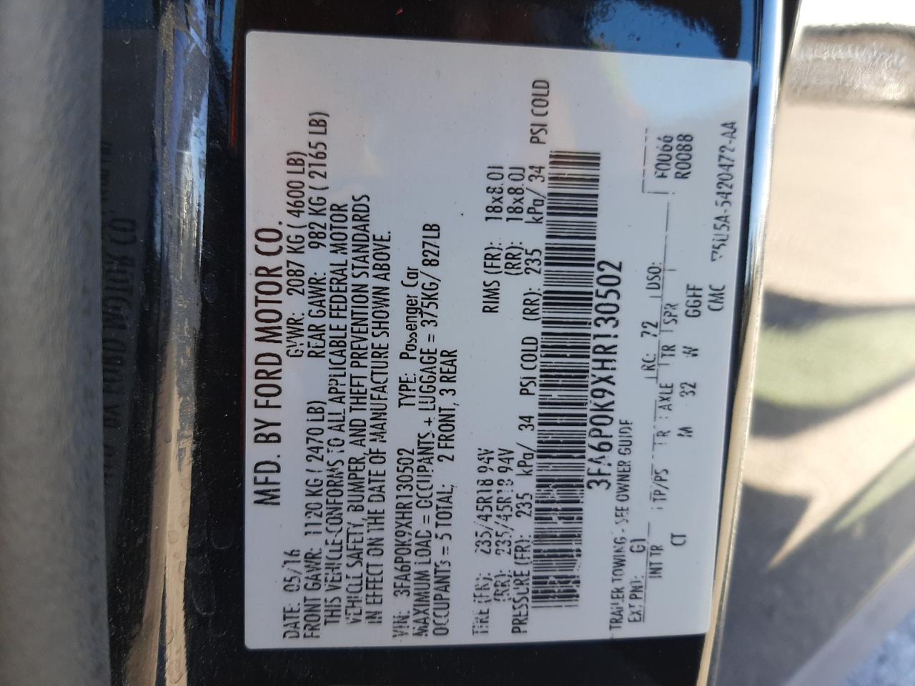 3FA6P0K9XHR130502 FORD FUSION 2017