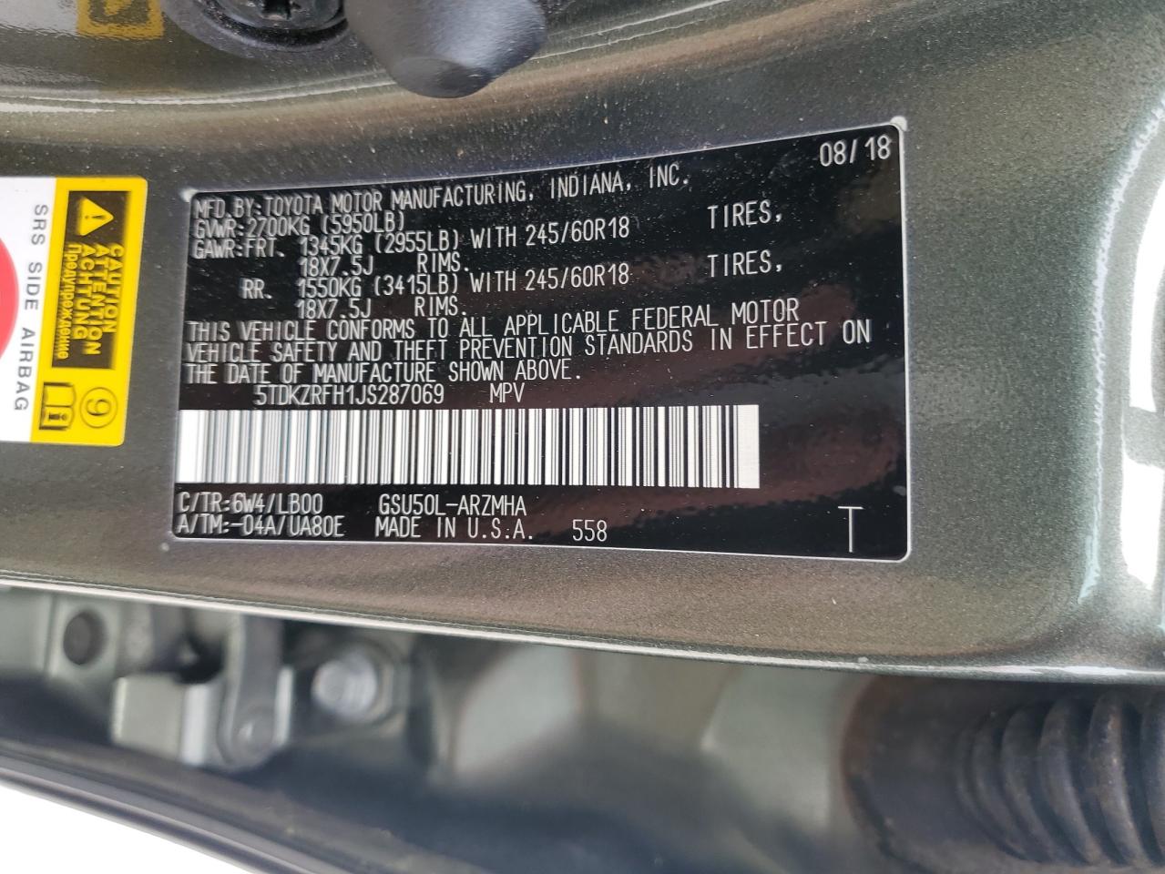 5TDKZRFH1JS287069 TOYOTA HIGHLANDER 2018