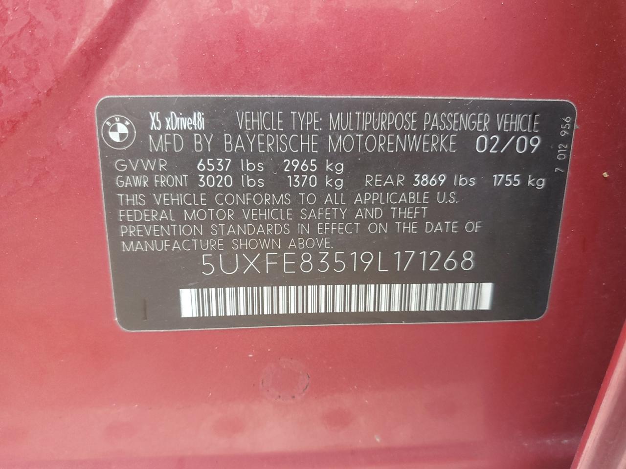 5UXFE83519L171268 2009 BMW X5 xDrive48I