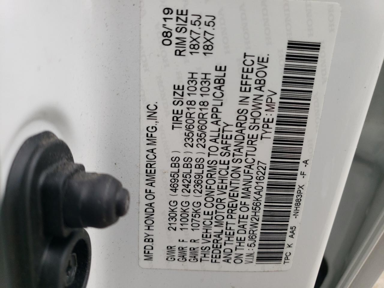 5J6RW2H56KA016227 HONDA CRV 2019