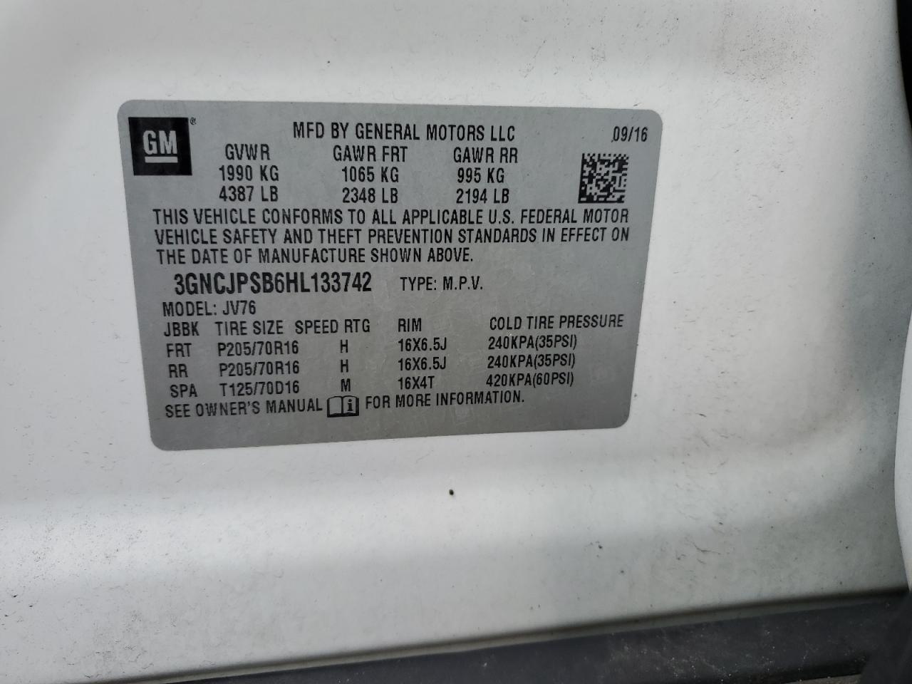 3GNCJPSB6HL133742 CHEVROLET TRAX 2017