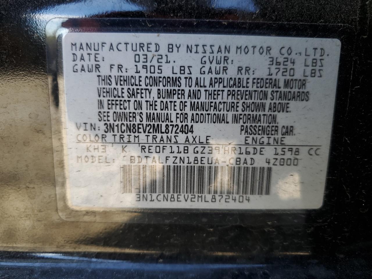 3N1CN8EV2ML872404 NISSAN VERSA 2021