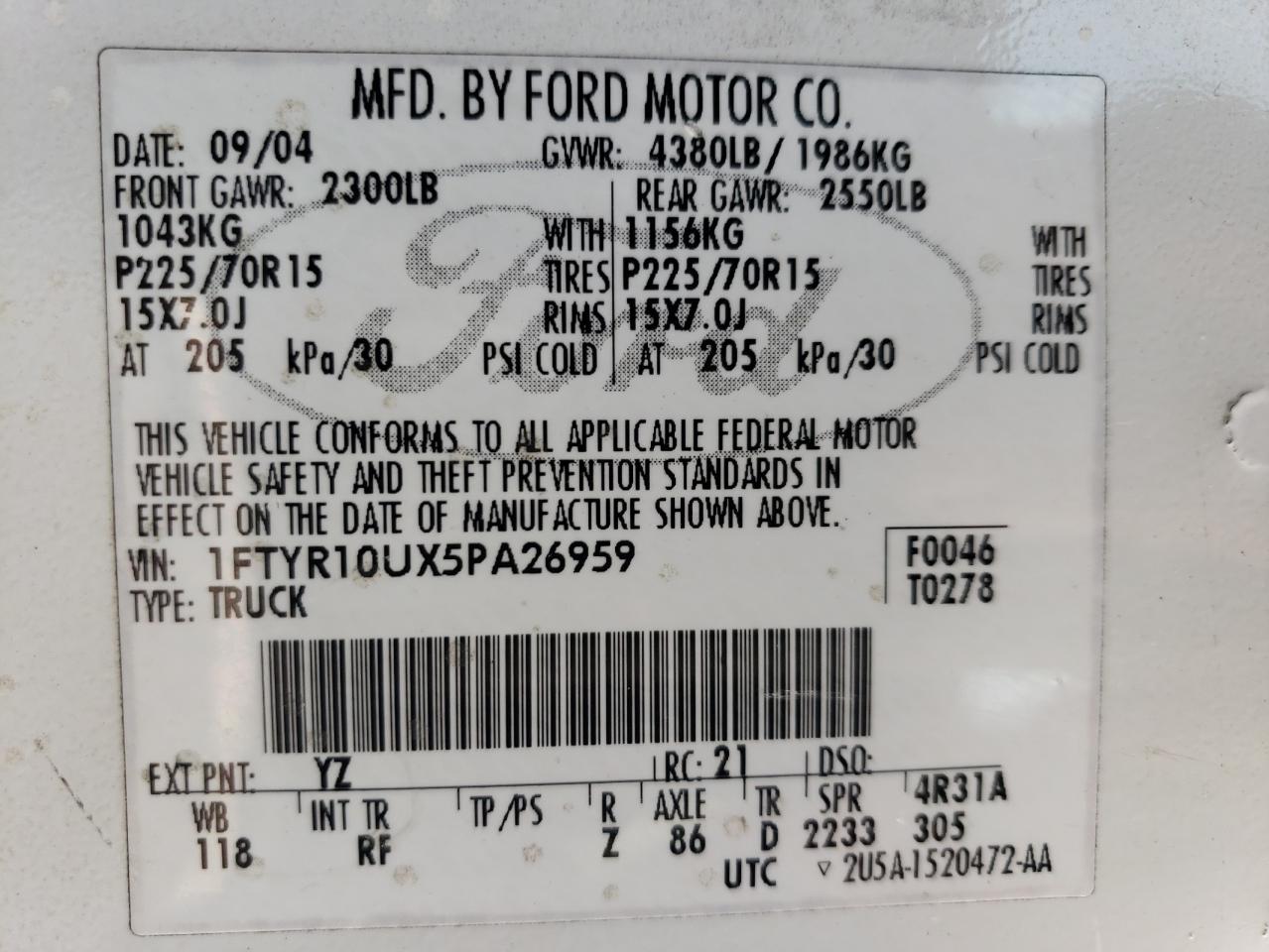 1FTYR10UX5PA26959 2005 Ford Ranger