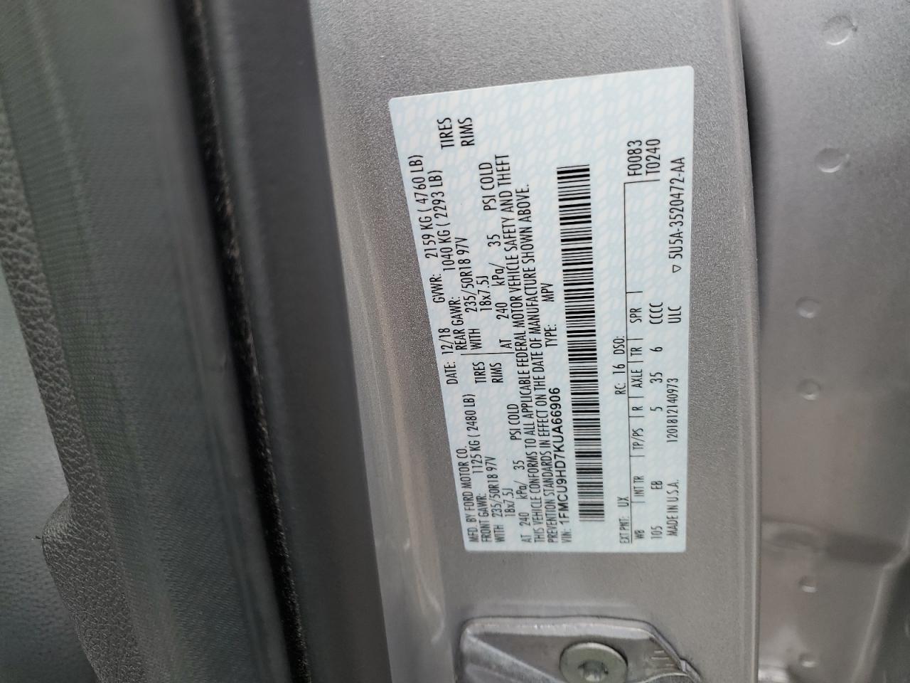 1FMCU9HD7KUA66906 FORD ESCAPE 2019