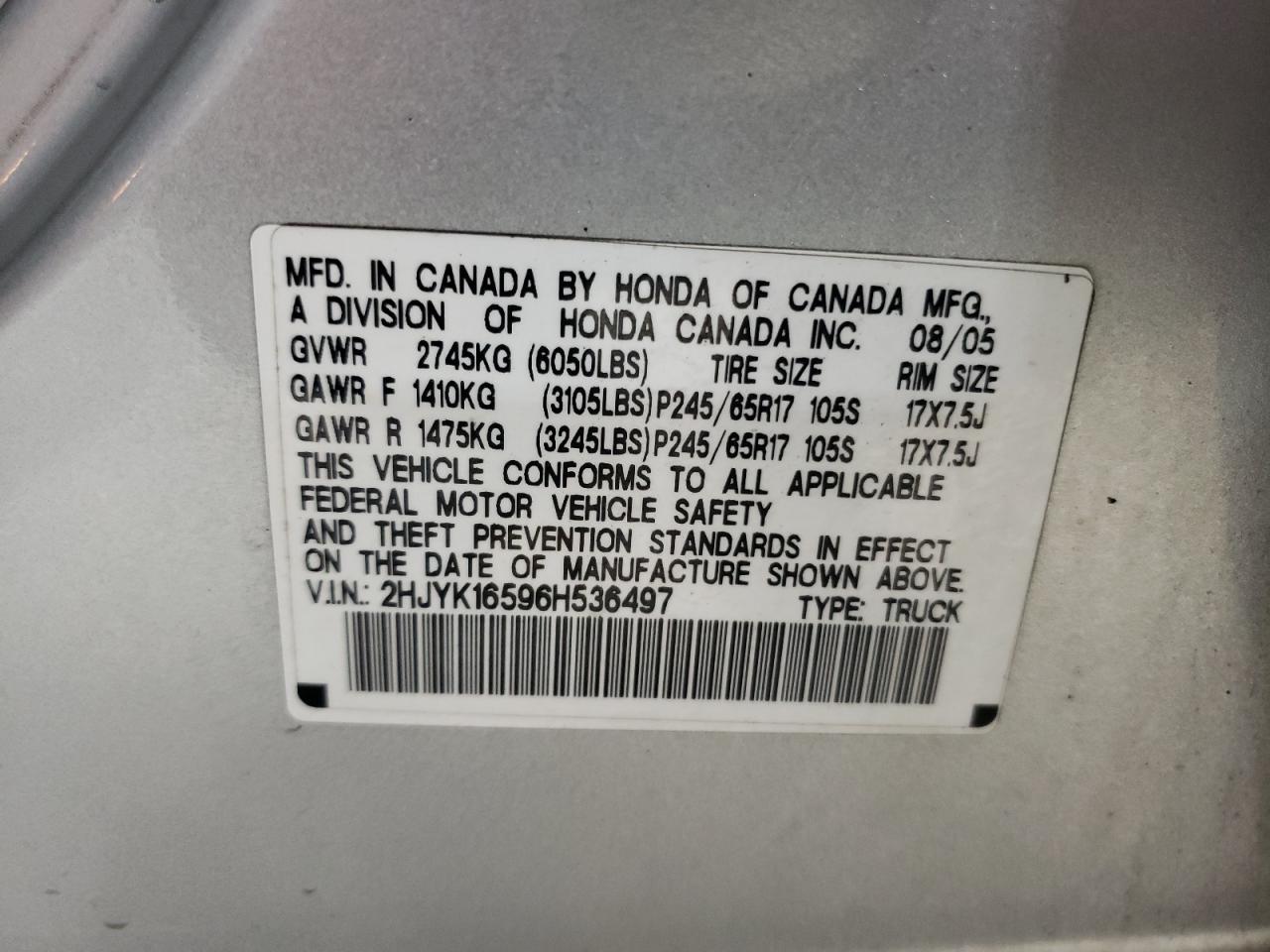 2hjyk16596h536497 2HJYK16596H536497 2006 Honda Ridgeline Rtl