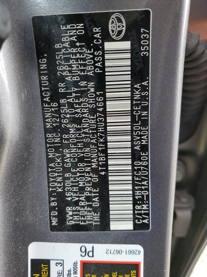 4T1BF1FK7HU374661 TOYOTA CAMRY 2017