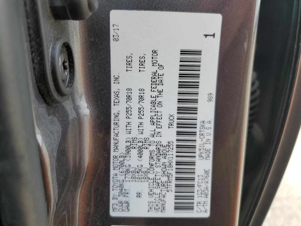 5TFRM5F18HX117255 TOYOTA TUNDRA 2017