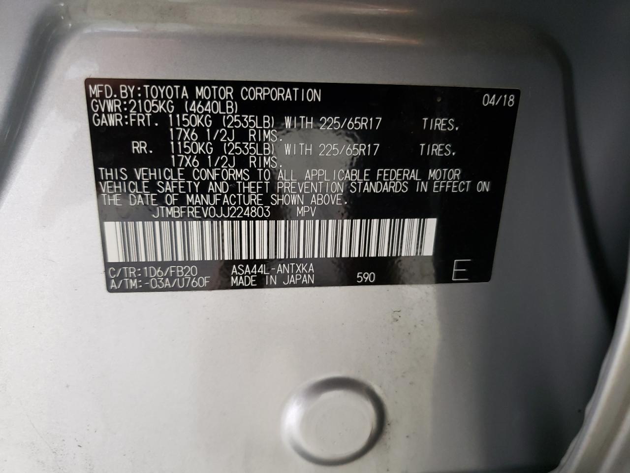 JTMBFREV0JJ224803 TOYOTA RAV4 2018