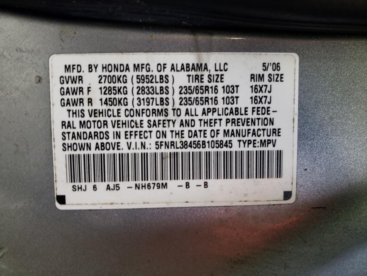 5FNRL38456B105845 2006 Honda Odyssey Ex