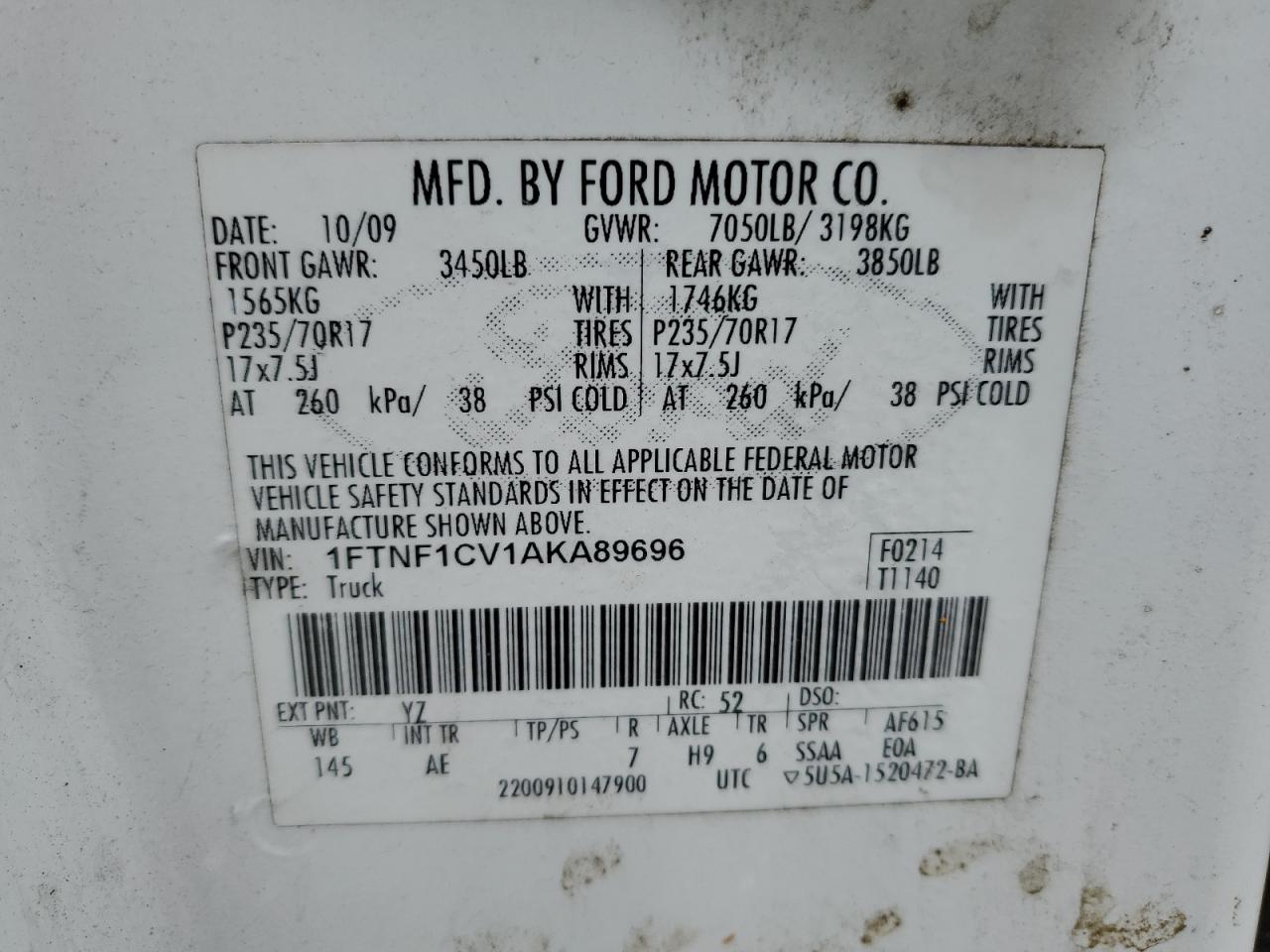 1FTNF1CV1AKA89696 2010 Ford F150