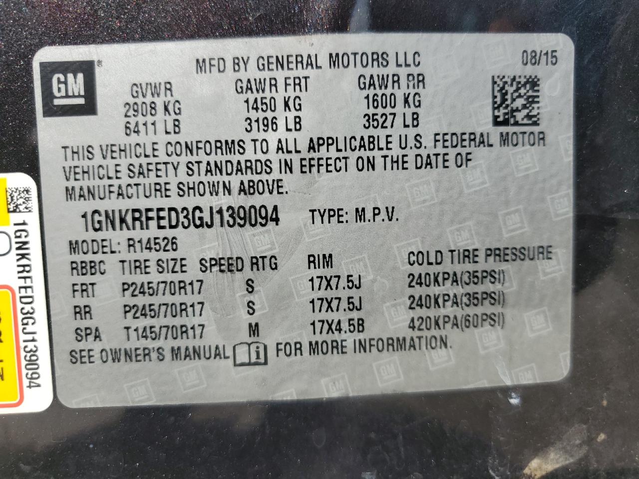 1GNKRFED3GJ139094 CHEVROLET TRAVERSE 2016