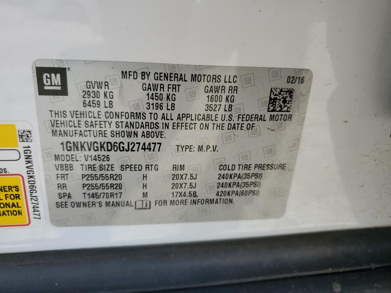 1GNKVGKD6GJ274477 CHEVROLET TRAVERSE 2016