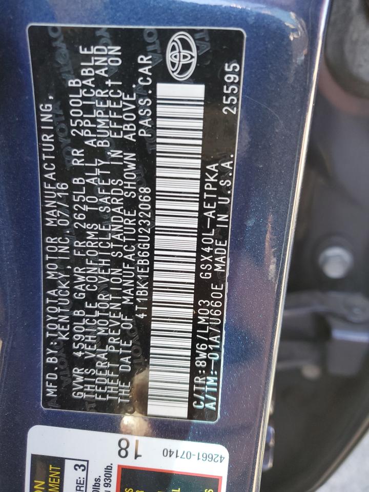 4T1BK1EB6GU232068 TOYOTA AVALON 2016