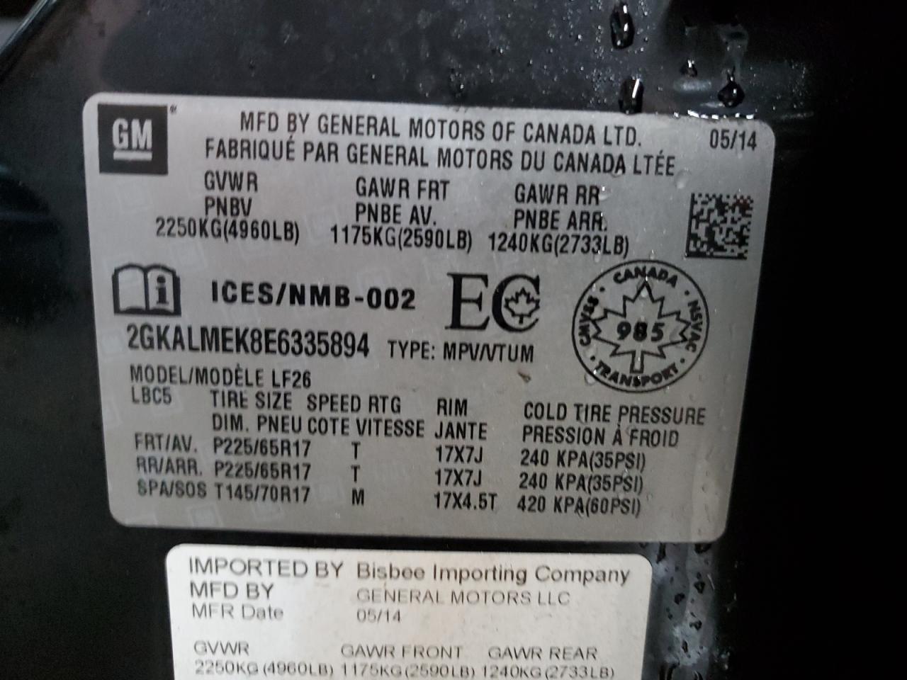 2GKALMEK8E6335894 2014 GMC Terrain Sle