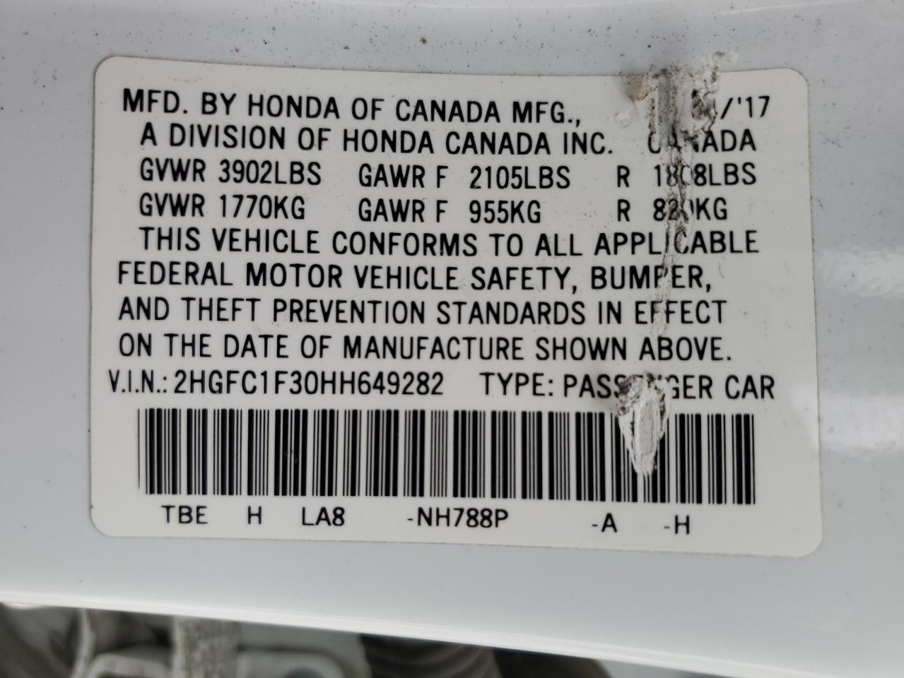 2HGFC1F30HH649282 HONDA CIVIC 2017