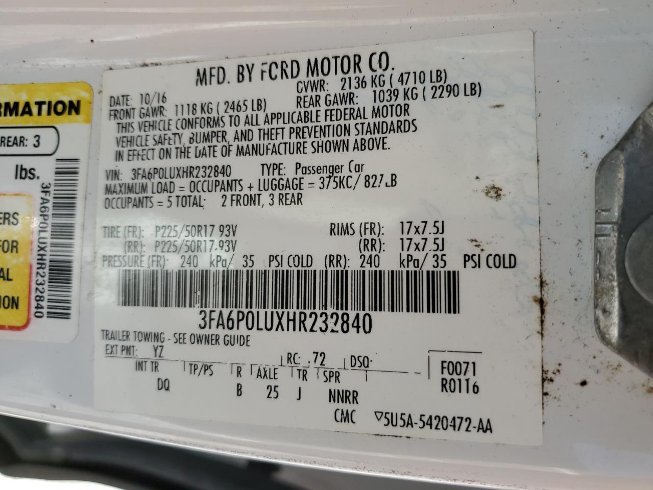 3FA6P0LUXHR232840 FORD FUSION 2017