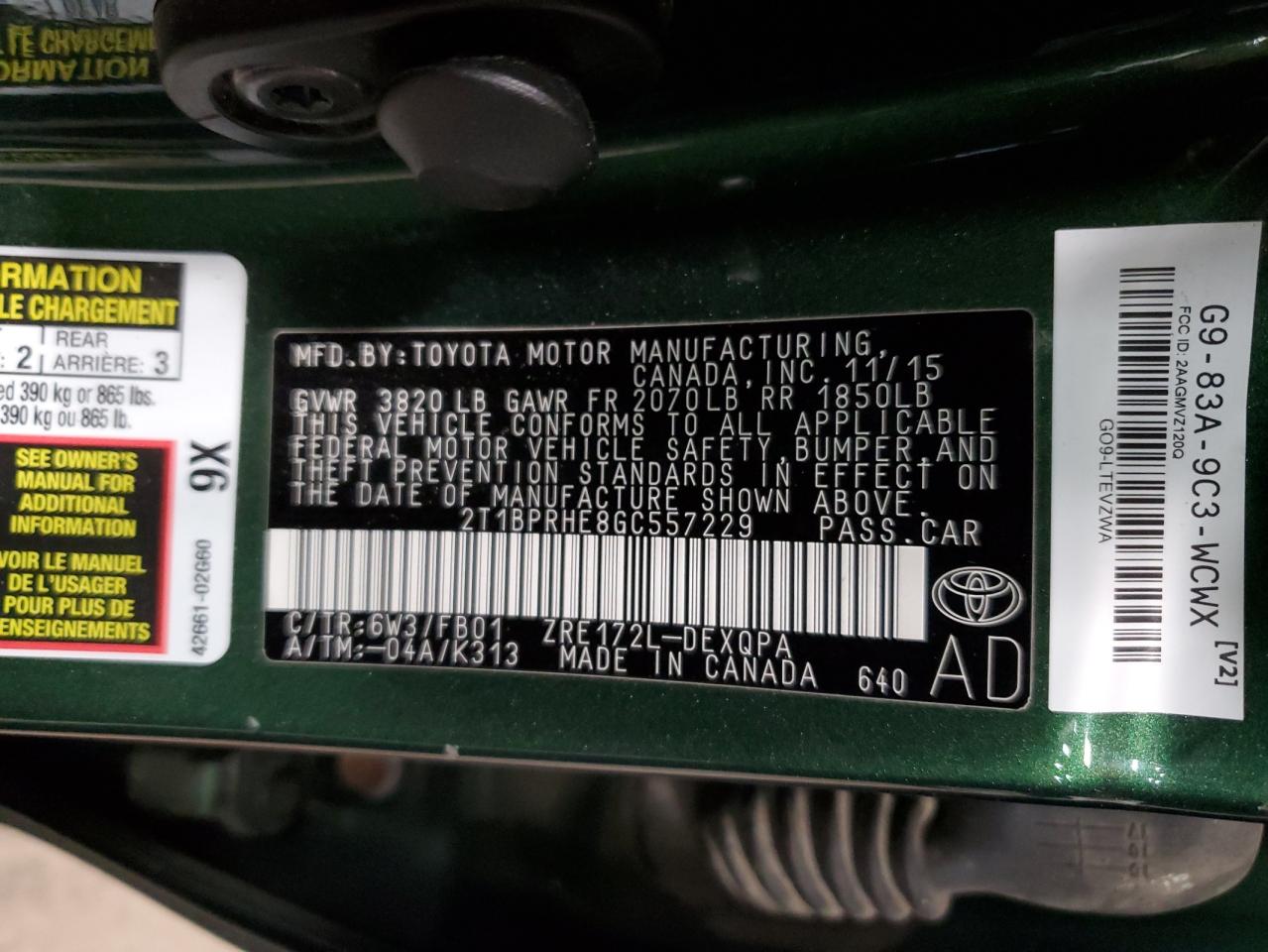 2T1BPRHE8GC557229 TOYOTA COROLLA 2016
