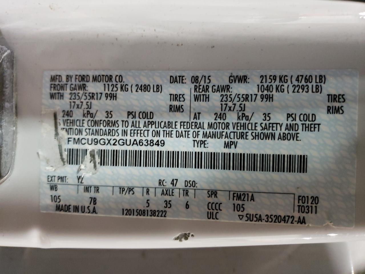 1FMCU9GX2GUA63849 FORD ESCAPE 2016