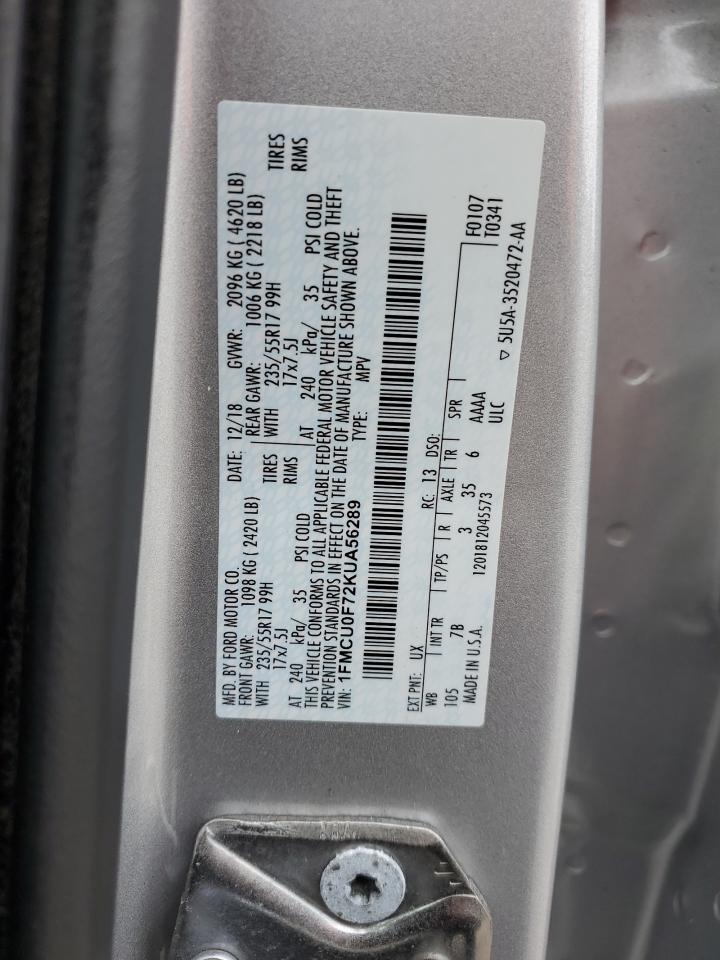 1FMCU0F72KUA56289 FORD ESCAPE 2019