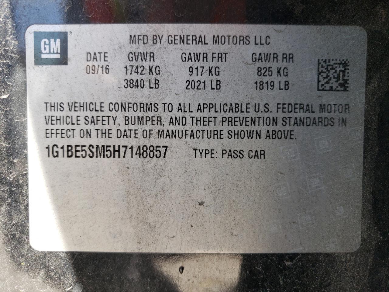 1G1BE5SM5H7148857 CHEVROLET CRUZE 2017