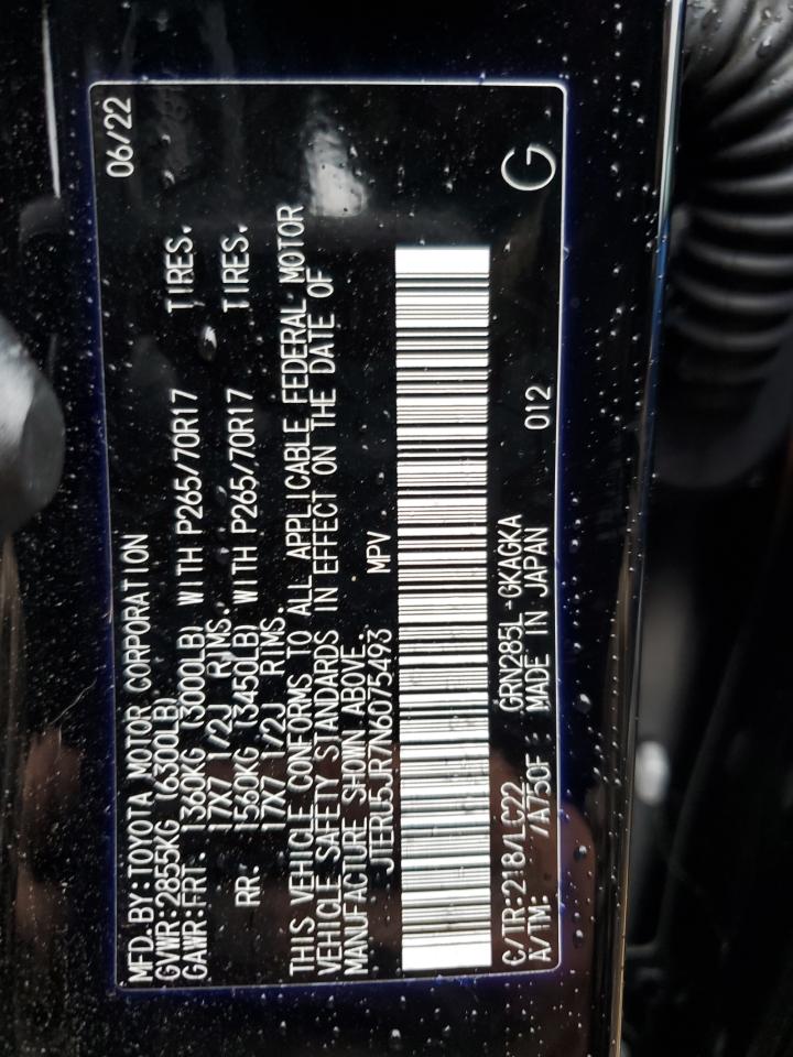 JTERU5JR7N6075493 TOYOTA 4RUNNER 2022
