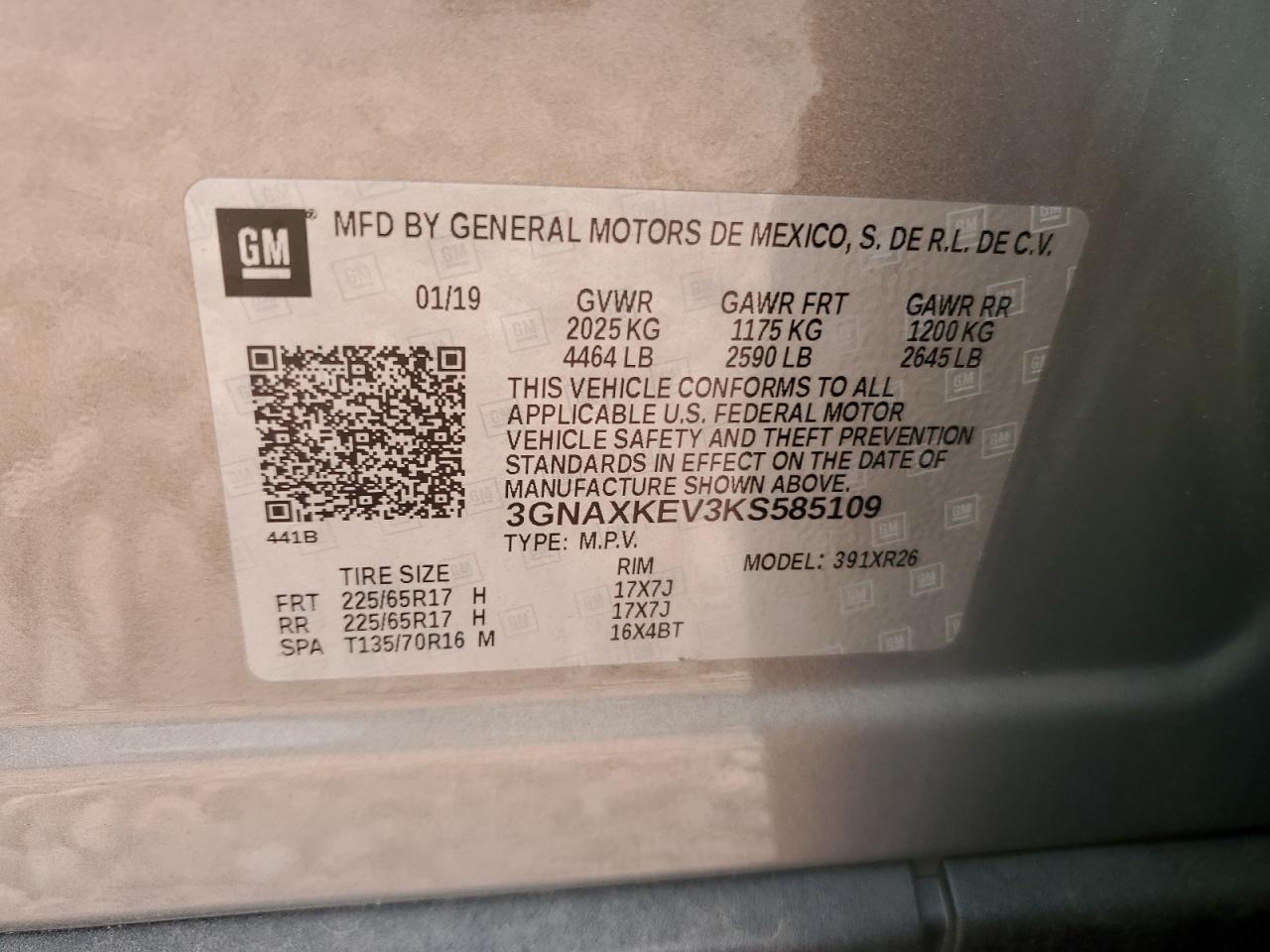 3GNAXKEV3KS585109 CHEVROLET EQUINOX 2019