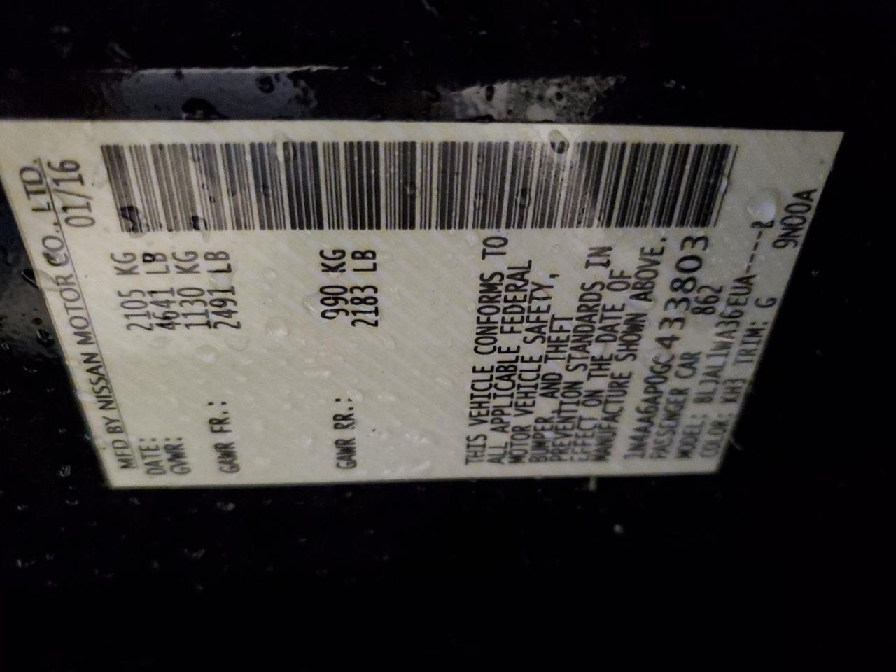 1N4AA6AP0GC433803 NISSAN MAXIMA 2016