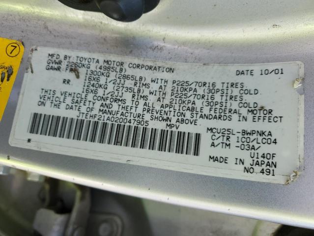 2002 Toyota Highlander Limited VIN: JTEHF21A020047905 Lot: 45659224