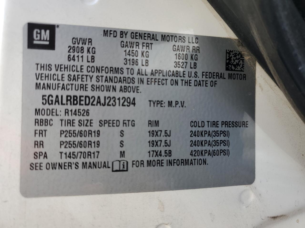 5GALRBED2AJ231294 2010 Buick Enclave Cxl