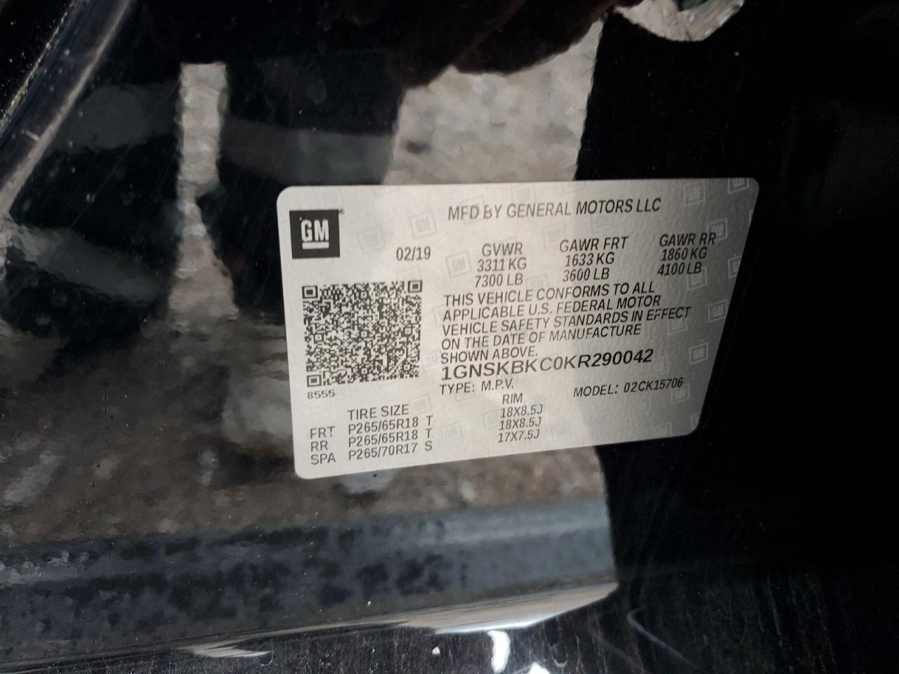 1GNSKBKC0KR290042 CHEVROLET TAHOE 2019