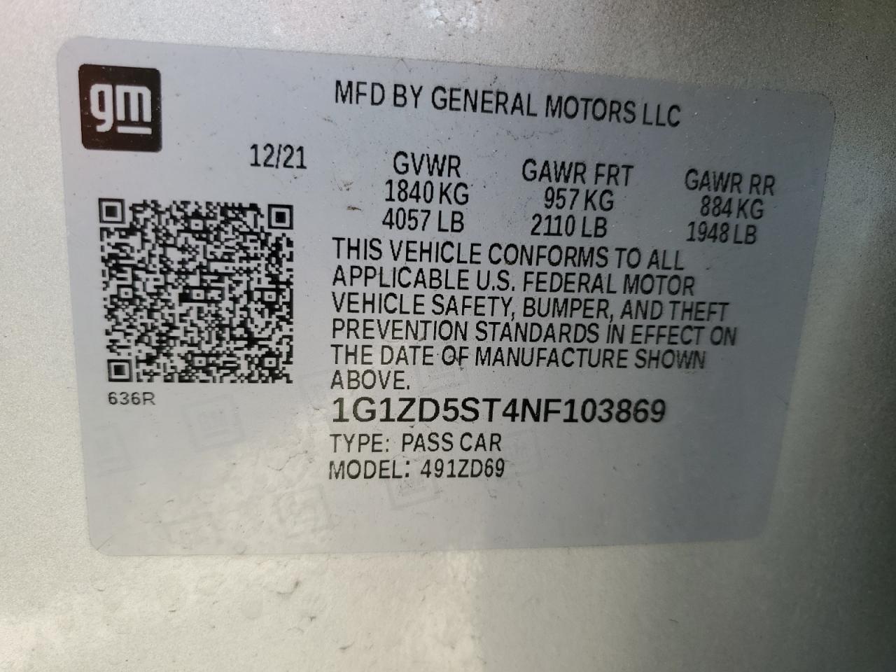 1G1ZD5ST4NF103869 CHEVROLET MALIBU 2022