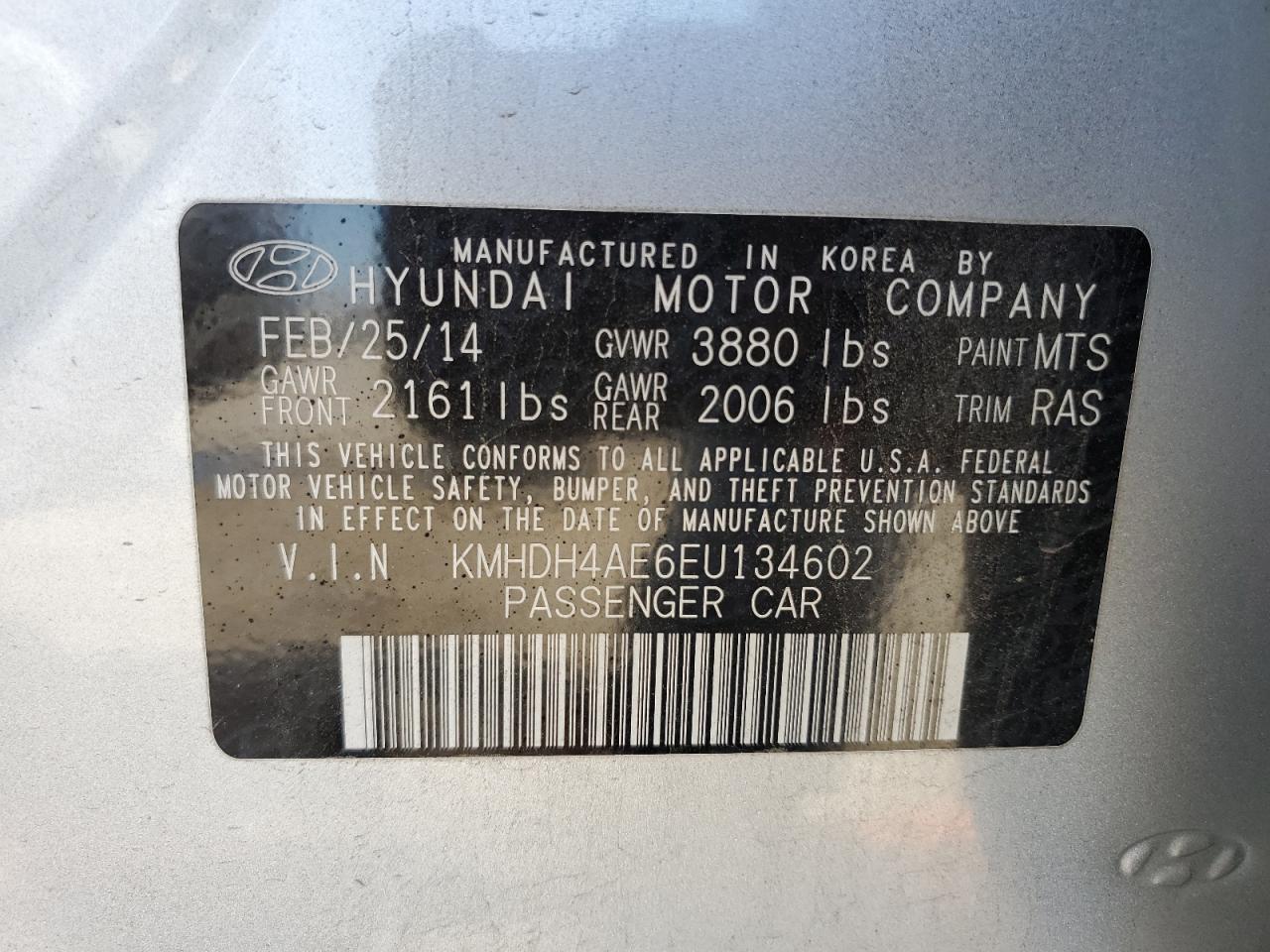 KMHDH4AE6EU134602 2014 Hyundai Elantra Se