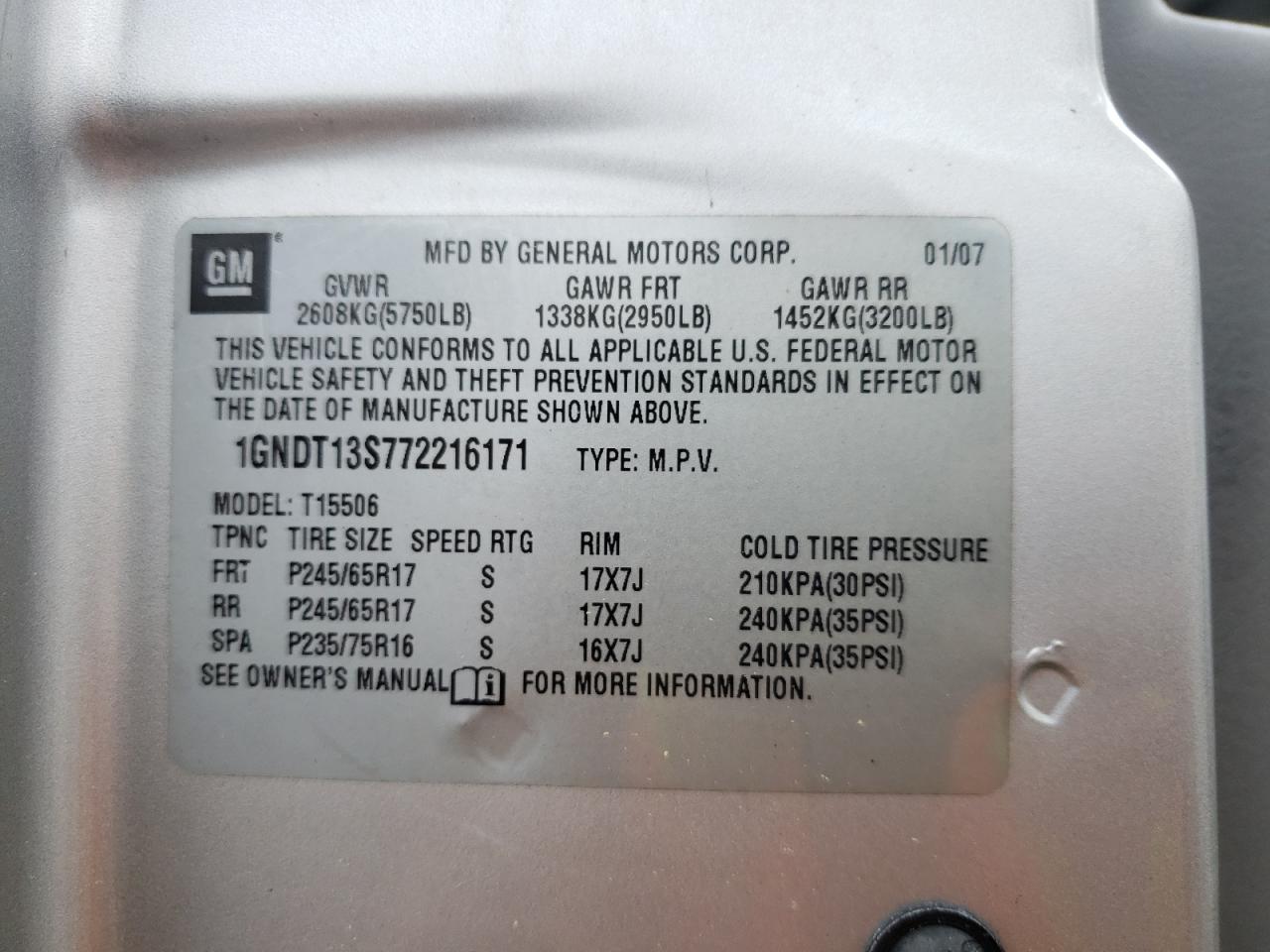 1GNDT13S772216171 2007 Chevrolet Trailblazer Ls