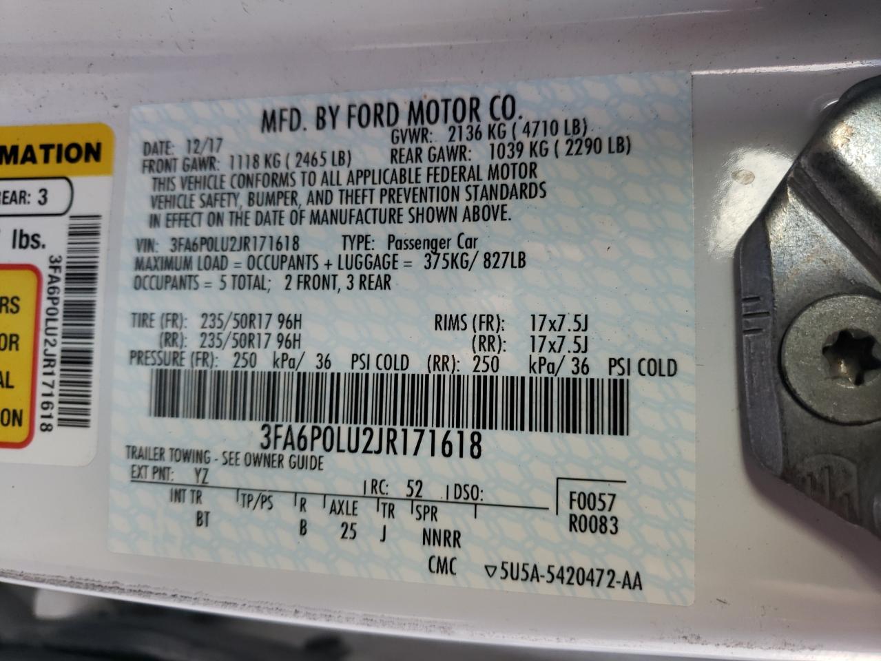 3FA6P0LU2JR171618 FORD FUSION 2018