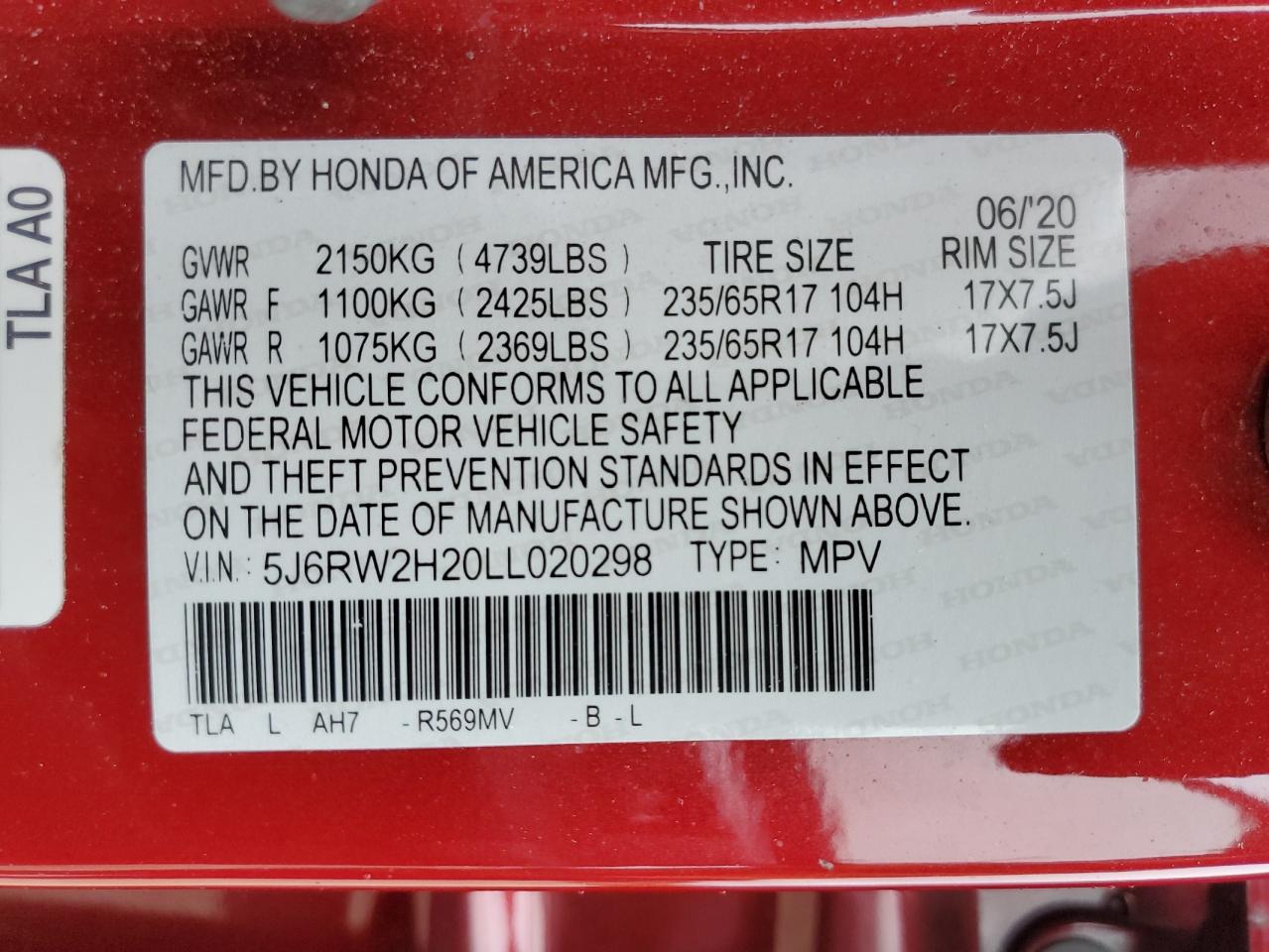 5J6RW2H20LL020298 HONDA CRV 2020