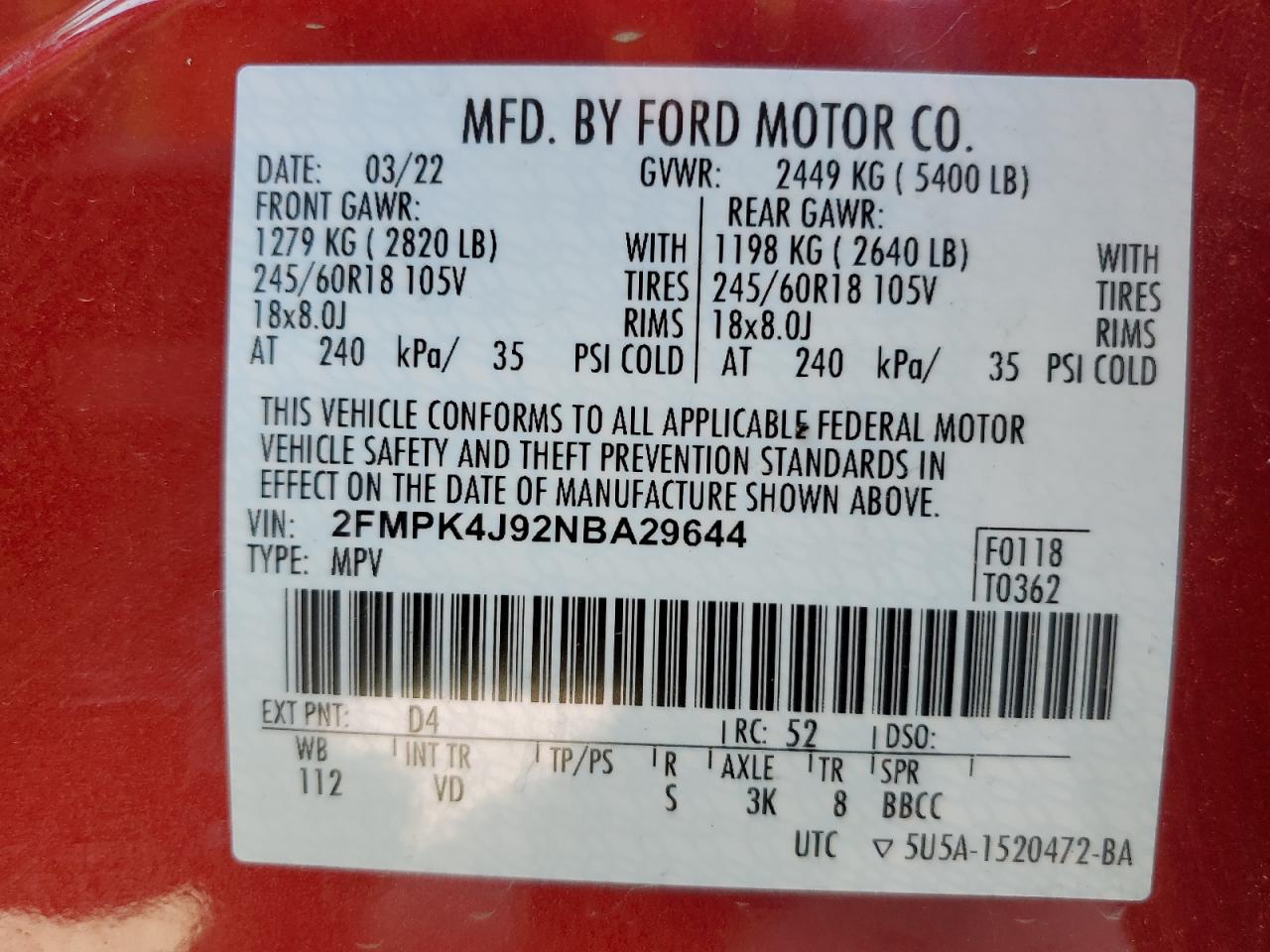 2FMPK4J92NBA29644 FORD EDGE 2022