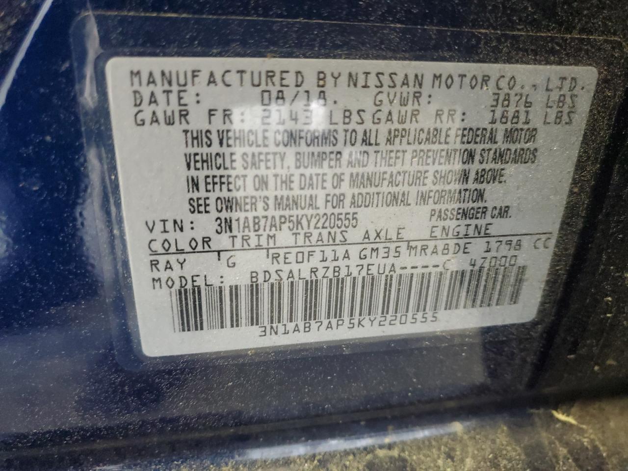 3N1AB7AP5KY220555 2019 Nissan Sentra S