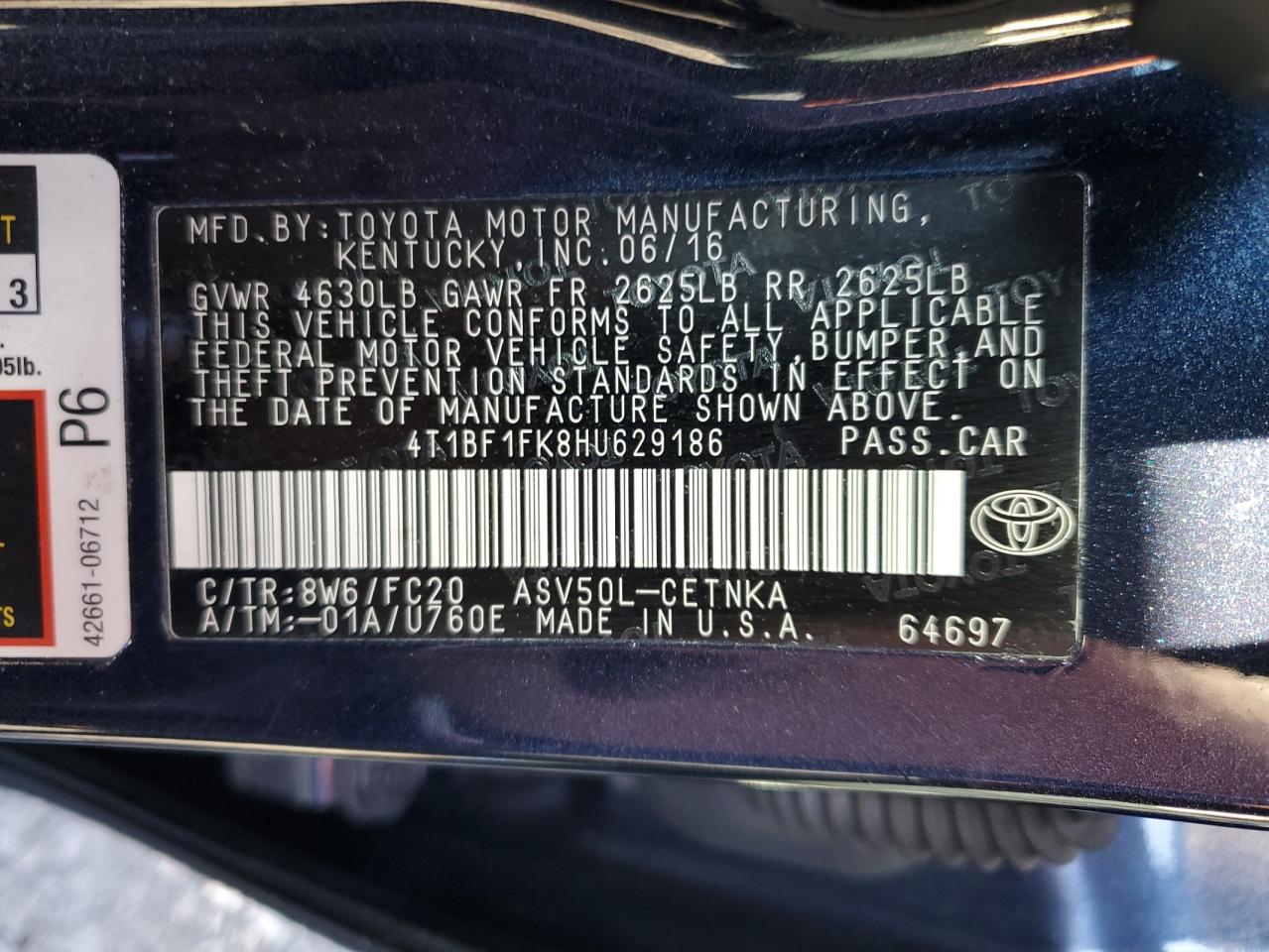 4T1BF1FK8HU629186 TOYOTA CAMRY 2017