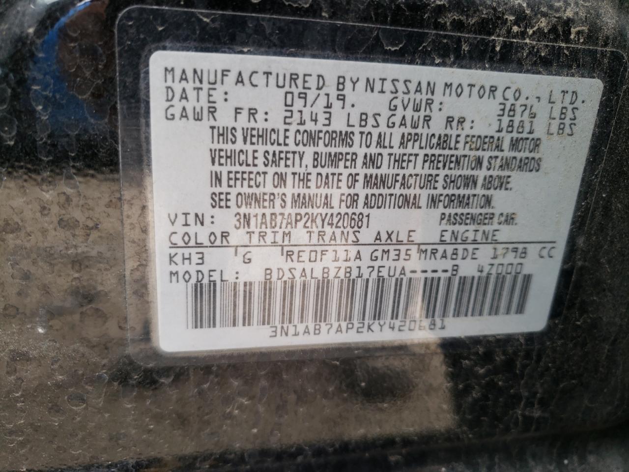 3N1AB7AP2KY420681 NISSAN SENTRA 2019