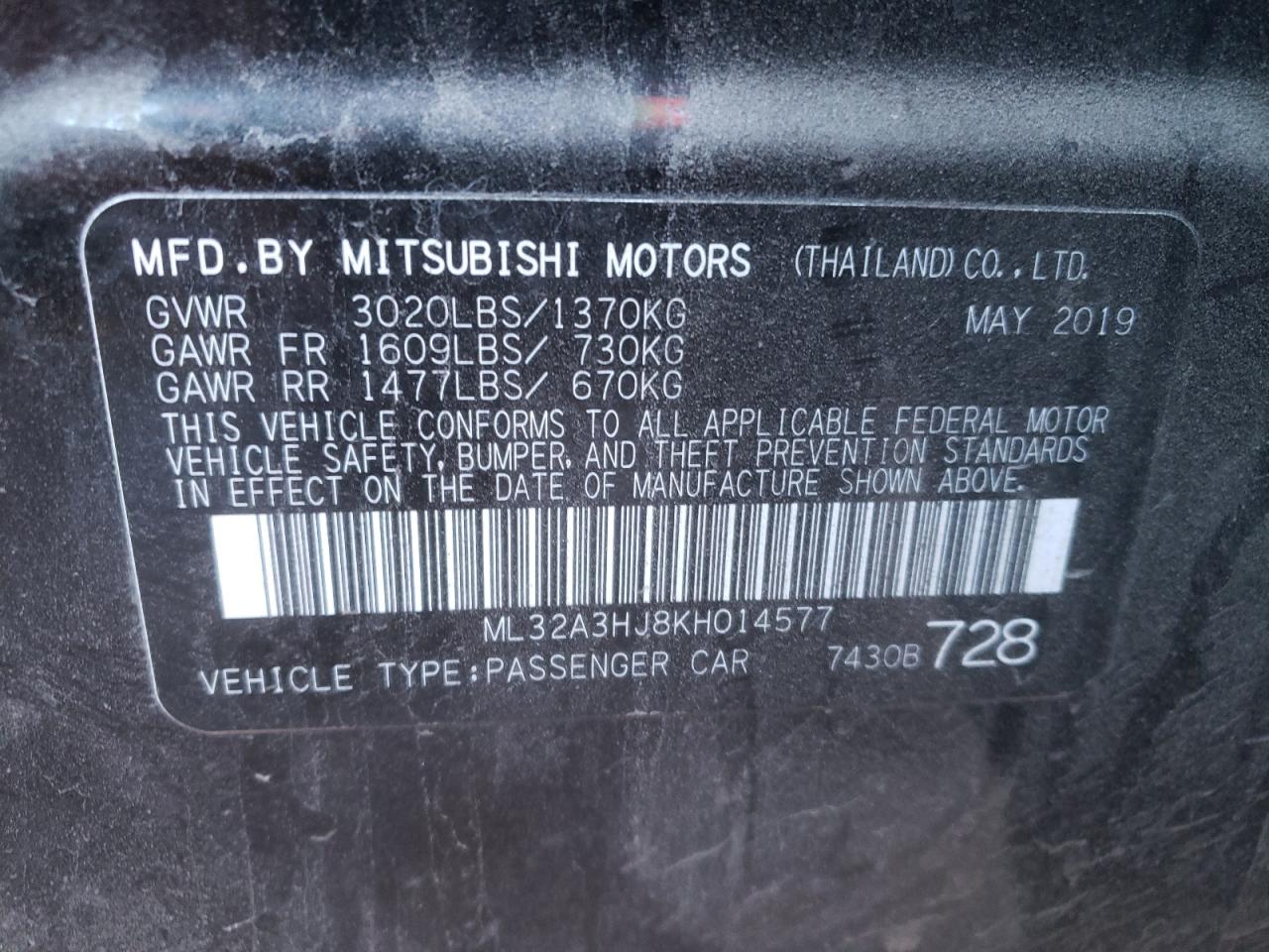 ML32A3HJ8KH014577 2019 Mitsubishi Mirage Es