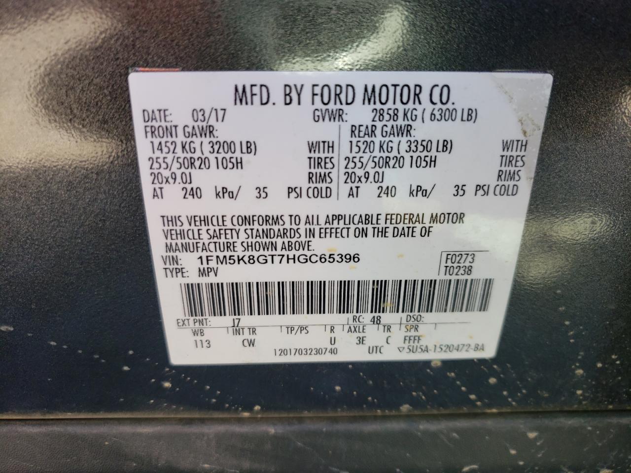 1FM5K8GT7HGC65396 FORD EXPLORER 2017