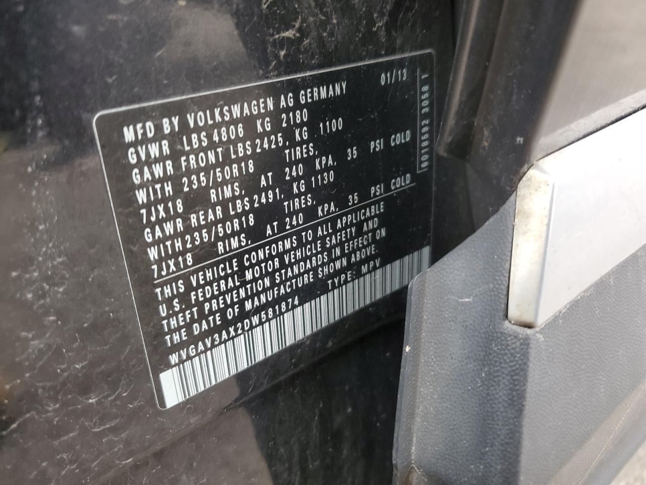 WVGAV3AX2DW581874 2013 Volkswagen Tiguan S