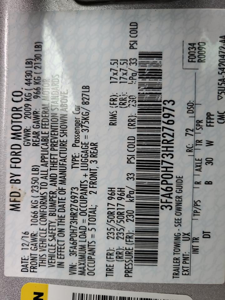 3FA6P0H73HR276973 FORD FUSION 2017