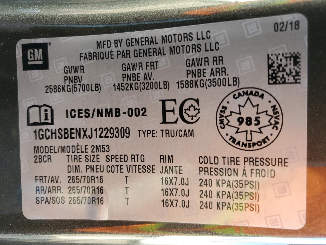 1GCHSBENXJ1229309 CHEVROLET COLORADO 2018