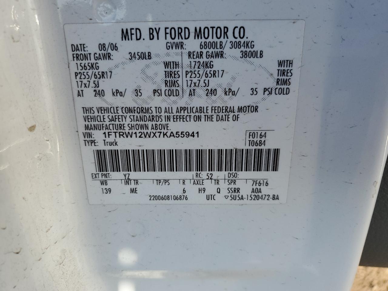 1FTRW12WX7KA55941 2007 Ford F150 Supercrew