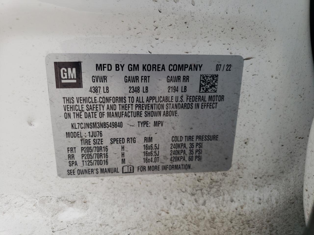 KL7CJNSM3NB549840 CHEVROLET TRAX 2022
