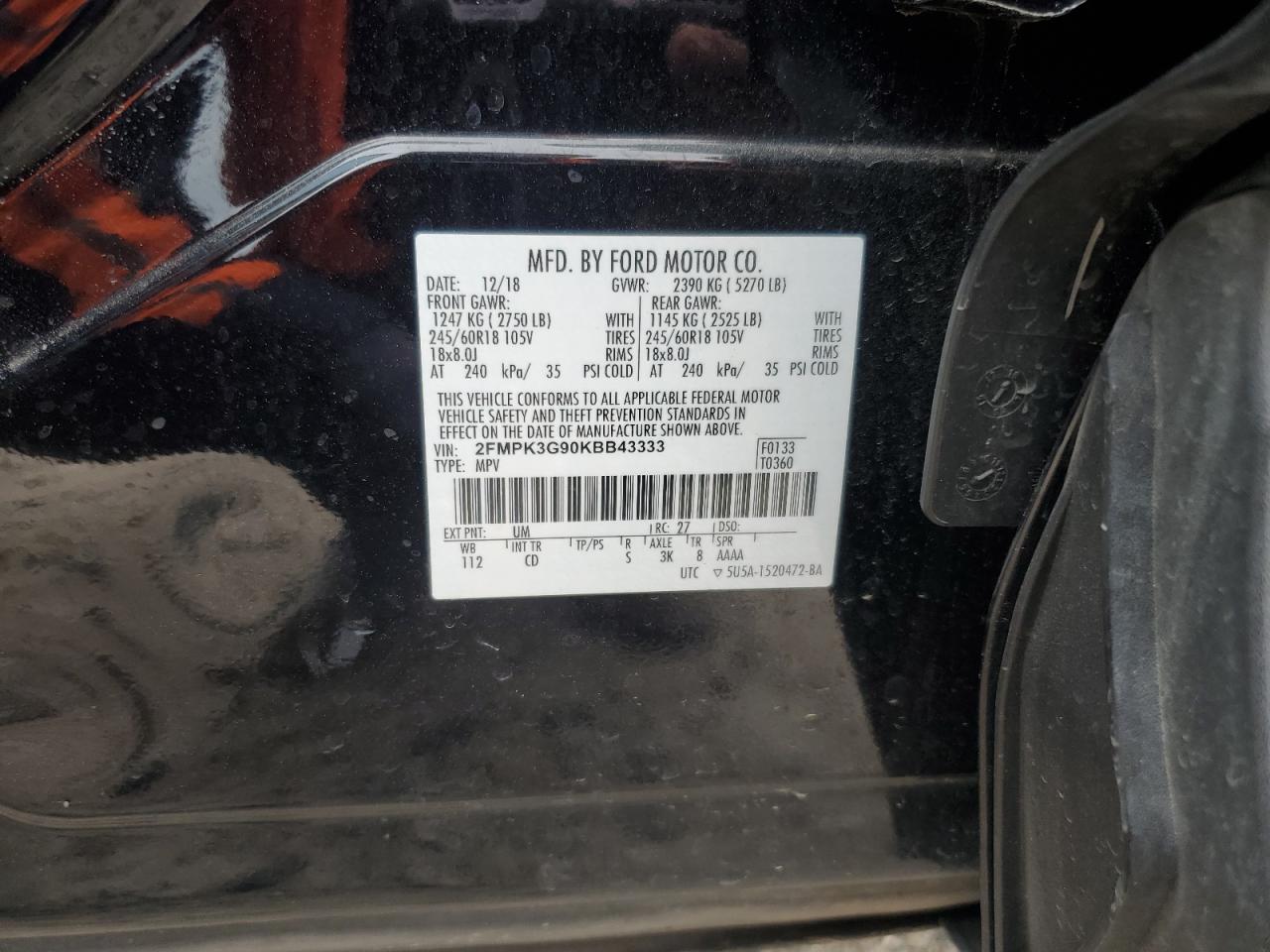 2FMPK3G90KBB43333 2019 Ford Edge Se