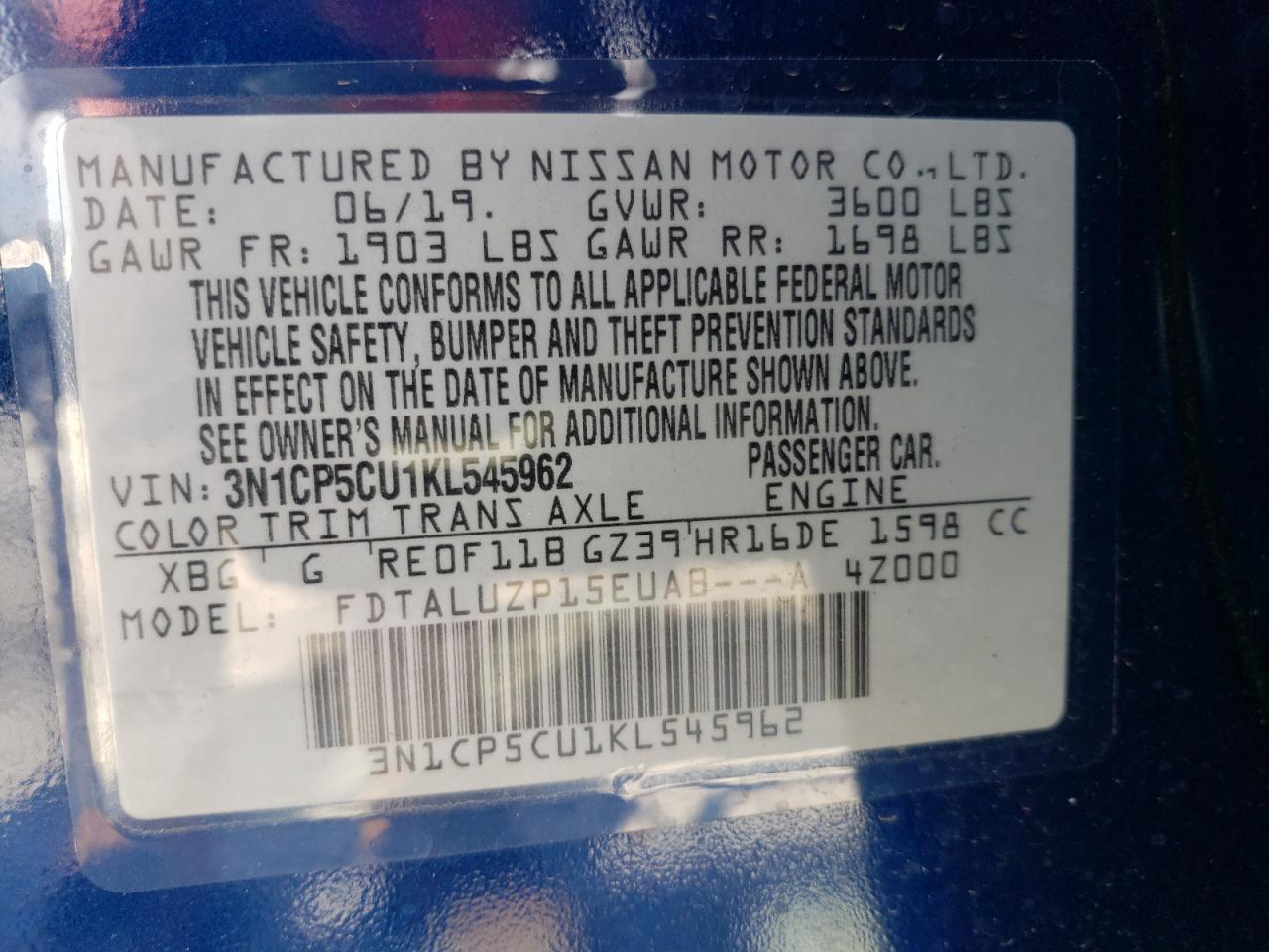 3N1CP5CU1KL545962 NISSAN KICKS 2019